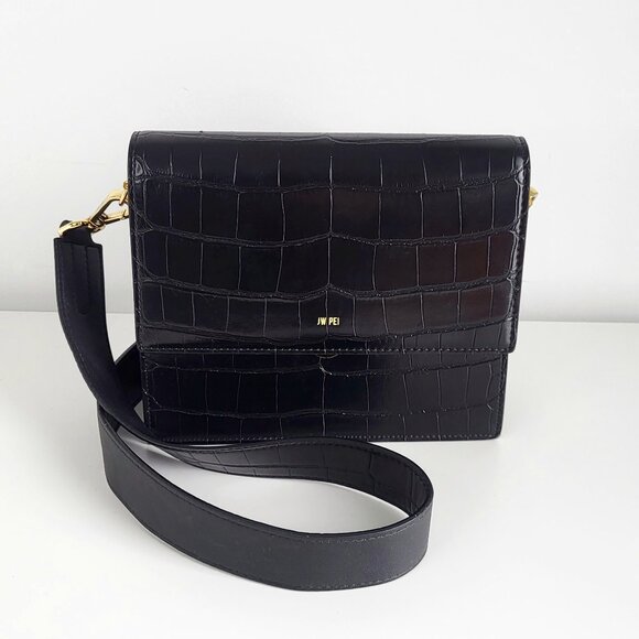JW PEI Handbags - JW Pei Croc Vegan Leather Flap Bag Black Structured